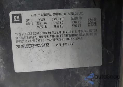 2014 Buick Regal Turbo из США, поврежденный, VIN 2G4GL5EX3E9276173